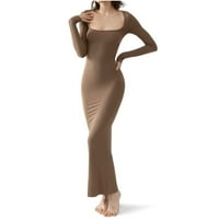 Женски фустани со долги ракави цврсти обични глуждови должина макси летен квадратен деколте фустан кафеав сноп