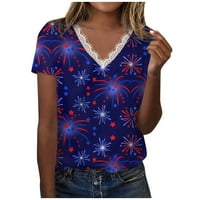 Женски Блузи Блуза Печатени Краток Ракав Денот На Независноста Дами Лето V-Вратот Мода Темно Сина