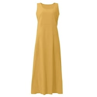 Лабави летни фустани за жени женски забави со тркалезно деколте на глуждот, без ракав, цврст сонце фустан жолт м