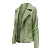 IOPQO есен јакна зимски палто женски тенок кожен стенд-ап јака патент зашипување цврста боја јакна женски палта зелени xxl