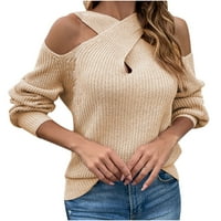 апсуј модни Преголеми Џемпери За Жени Подарок-Лесен Удобен Ладен Плетен Пуловер За Рамо Врвови Каки Големина С