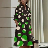 Зелена Мода Женски Секојдневен Печатен Јака Со Долги Ракави Фустан