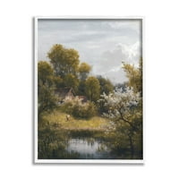 Класична куќа за езерцето езерцето Пејзаж сликарство бело врамен уметнички печатен wallид уметност